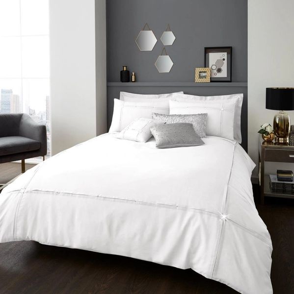 White Pintuck Diamante Cotton Blend Duvet Cover Uk Discount Home