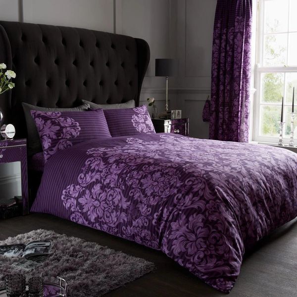Purple Damask Pattern Cotton Blend Duvet Cover Uk Discount Home
