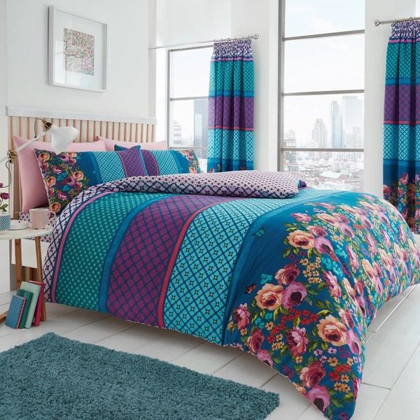 Teal Floral Stripe Cotton Blend Duvet Cover Uk Discount Home