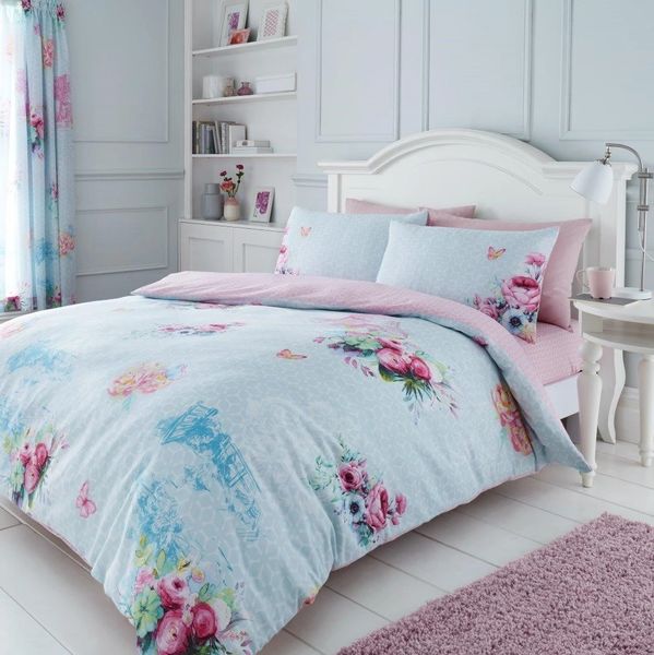 Blue Pink Floral Cotton Blend Duvet Cover Uk Discount Home