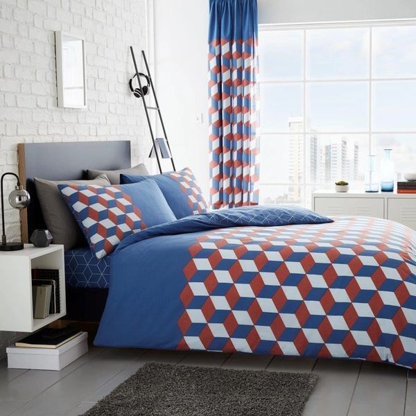 Blue Geometric Cube Cotton Blend Duvet Cover Uk Discount Home
