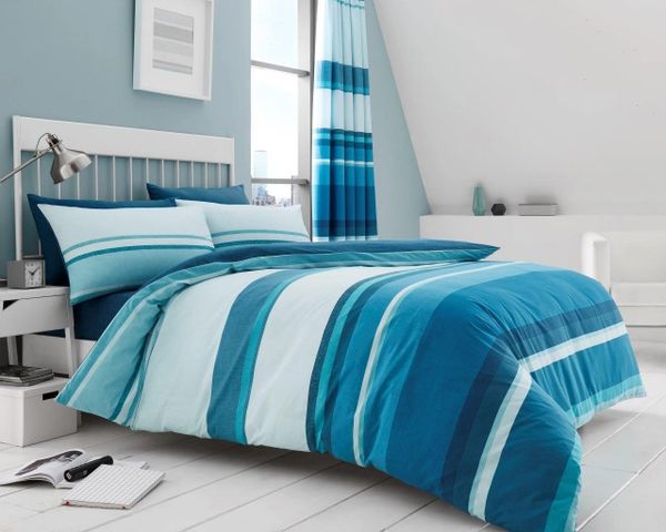 Teal Striped Cotton Blend Duvet Cover Uk Discount Home Textiles