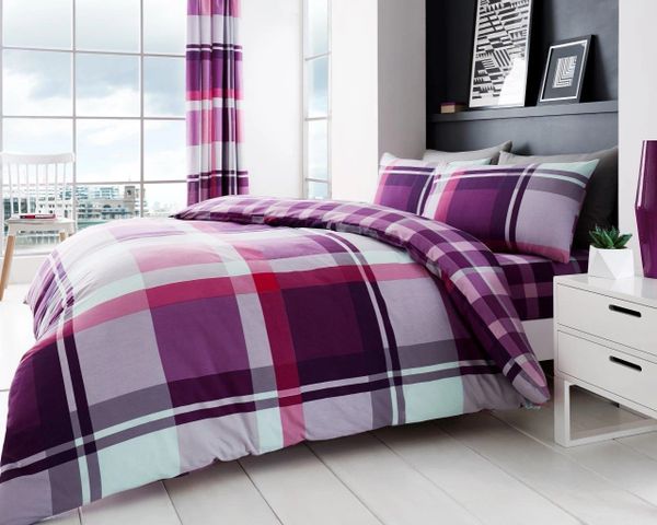 Purple Check Cotton Blend Duvet Cover Uk Discount Home Textiles