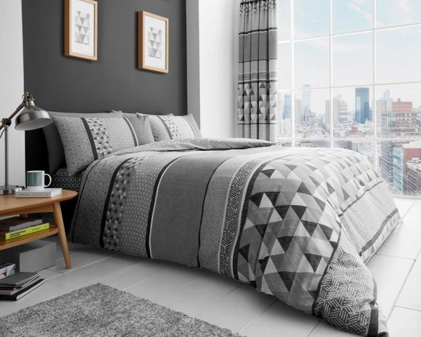 Grey Patterned Stripe Cotton Blend Duvet Cover Uk Discount Home