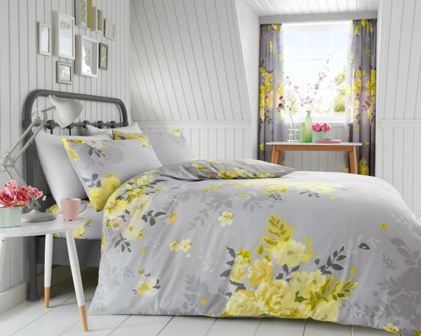 Yellow Grey Floral Cotton Blend Duvet Cover Uk Discount Home