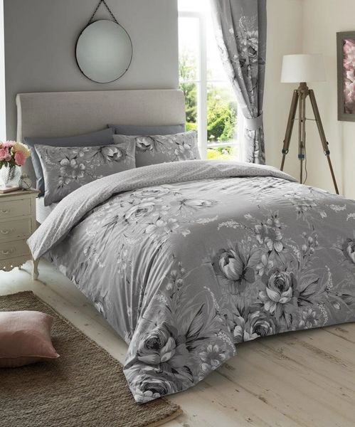 Grey Floral Cotton Blend Duvet Cover Uk Discount Home Textiles