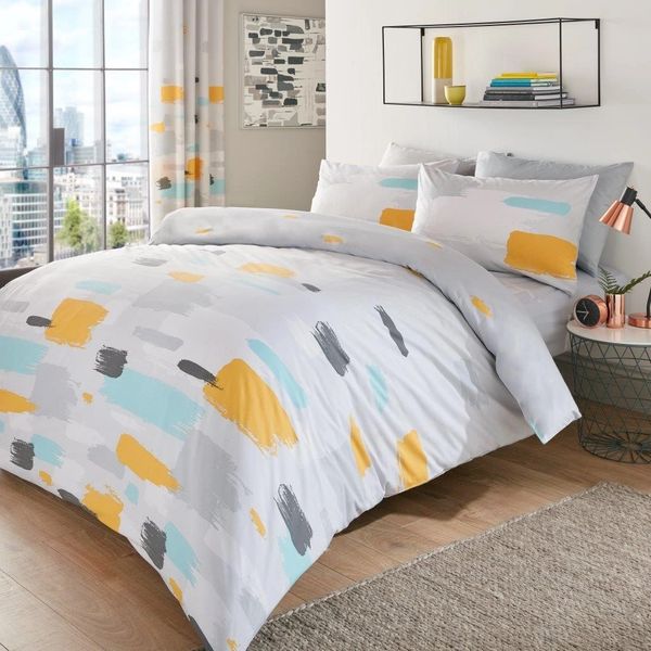 Brush Strokes Grey Mustard Cotton Blend Duvet Cover Uk