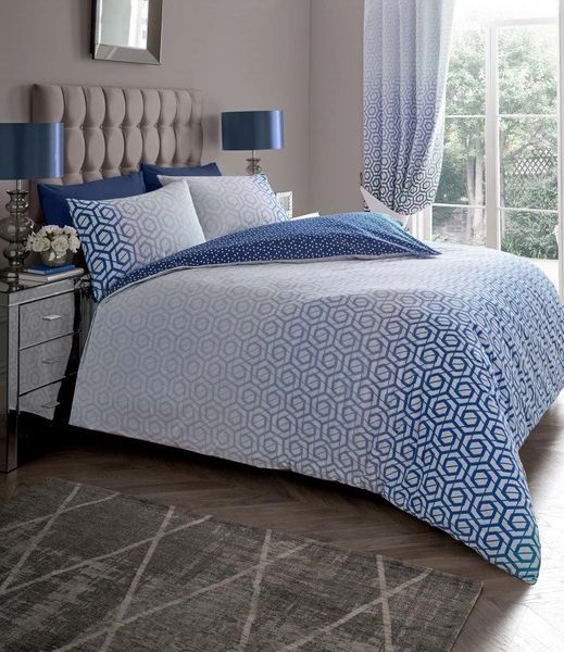 Blue Geometric Ombre Cotton Blend Duvet Cover Uk Discount Home