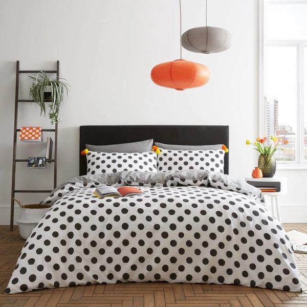 Grey Polka Dot Pom Pom Cotton Blend Duvet Cover Uk Discount Home