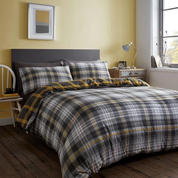 Grey & Ochre Tartan Seersucker Cotton Blend Duvet Cover UK Discount Home Textiles Beds