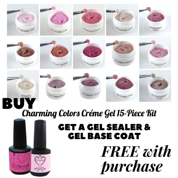 HOLIDAY DEAL: BUY a Charisma Nail Charming Colors Créme Gel 15-piece Kit GET a Gel Sealer & a Gel Base Coat FREE with purchase