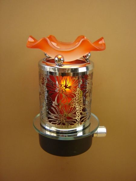 Silver Metallic Orange Flowers Oil Warmer