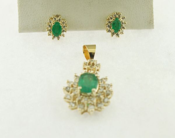 10k Oval Emerald Double Halo Flower Pendant with Matching Earrings