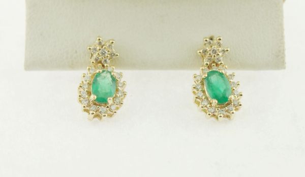 Big Oval Emerald & Diamond Frame Earrings in 10K Yellow Gold