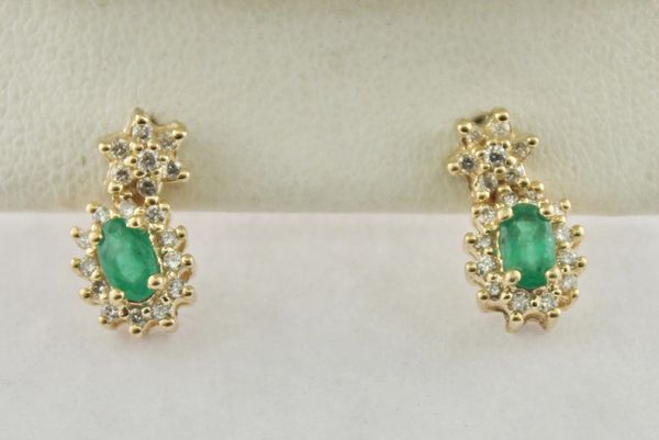 Small Oval Emerald & Diamond Frame Earrings in 10K Yellow Gold