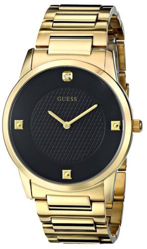 Guess U0428G1 Men's Sleek Gold-Tone Watch with Diamond Accented Black Dial