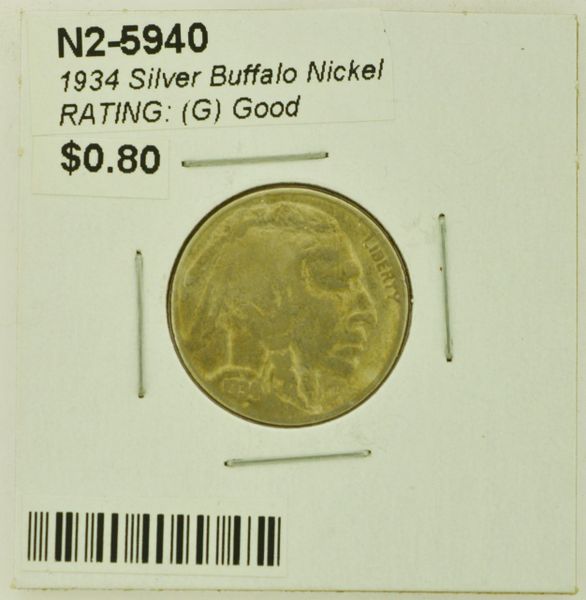 1934 Silver Buffalo Nickel RATING: (G) Good