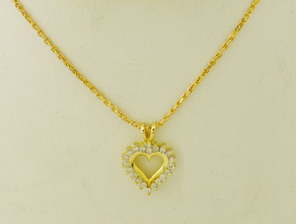14k Yellow Gold Diamond Heart Pendant and Necklace