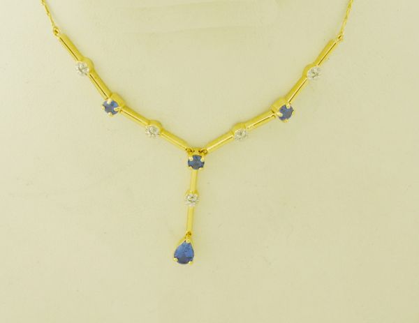 14k Yellow Gold Pear Shape Sapphire and Diamond Bar Drop Pendant Necklace