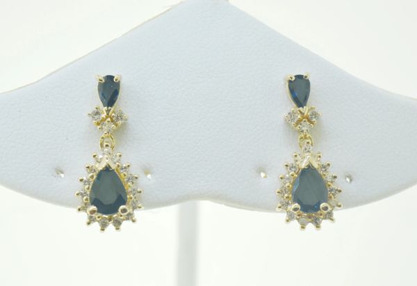 14k Gold Pear Shaped Blue Sapphire Drop Earrings with Diamond Halo