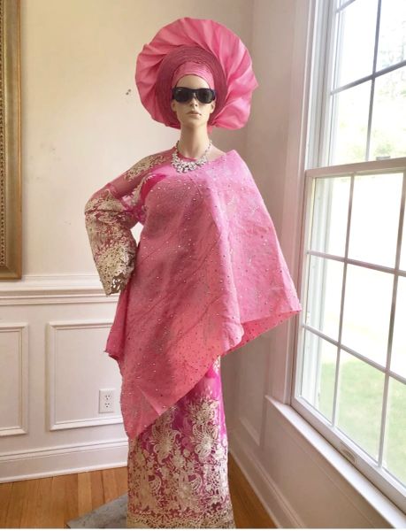 Pink Auto Gele Combo with Shoulder Shawl