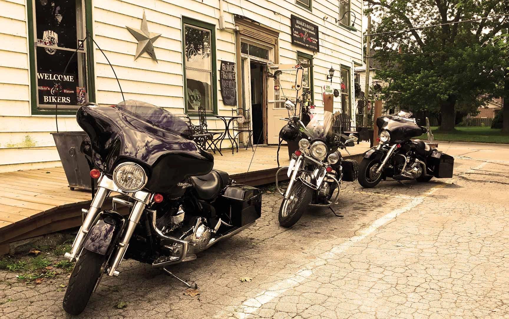 3  motorcycles parked in front of Haldimand House, Caledonia Ontario.