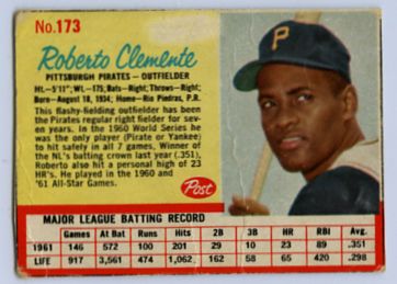 4. 1962 POST CEREAL ROBERTO CLEMENTE CARD