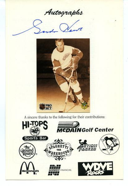 Gordie Howe, Red Wings Whalers - signed Baseball Card Show program - w/card