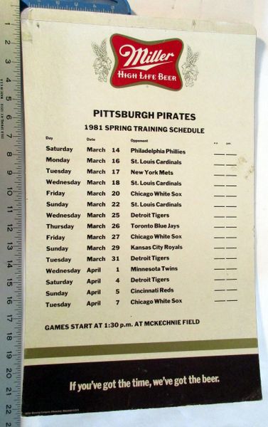 (2) Pittsburgh Pirates Spring Training - Miller Beer - cardboard poster  schedules lot - 1980 & 1981