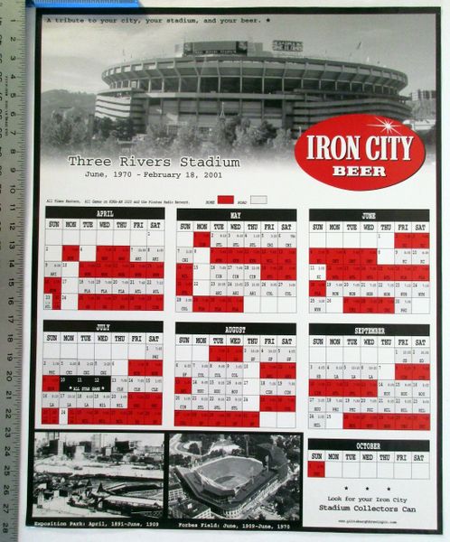 2001 Pittsburgh Pirates -Three Rivers Stadium - Iron City Beer commemorative schedule poster