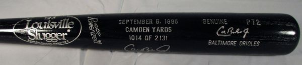 Cal Ripken Baltimore Orioles - signed, commemorative consecutive game streak bat