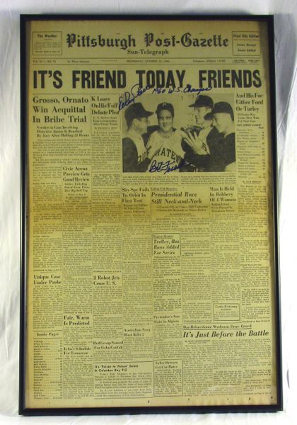 Framed Post Gazette - 1960 World Series - Pirates vs. Yankees - Signed by Bob Friend & Elroy Face