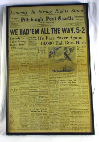 Framed Post Gazette - 1960 World Series - Pirates vs. Yankees - Signed by Elroy Face