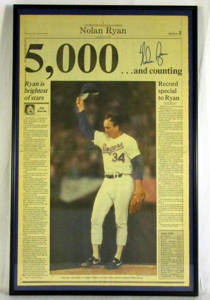 Nolan Ryan - Texas Rangers - framed, signed newspaper