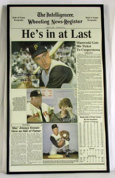 HOF Bill Mazeroski - Pittsburgh Pirates - signed, framed newspaper