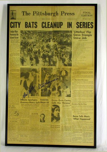 Framed 1960 Pittsburgh Press - 1960 World Series - Pirates vs. Yankees - Signed by Hal Smith &Bill Mazeroski