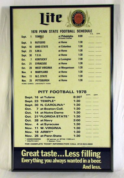 1978 Pitt & Penn State - Miller Lite - framed football schedule