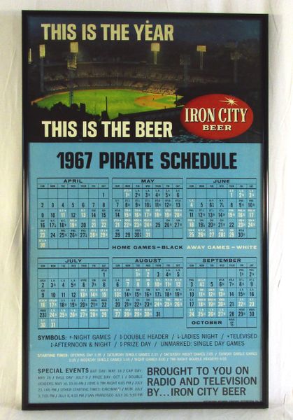 1967 Pittsburgh Pirates - Iron City Beer framed schedule - Forbes Field