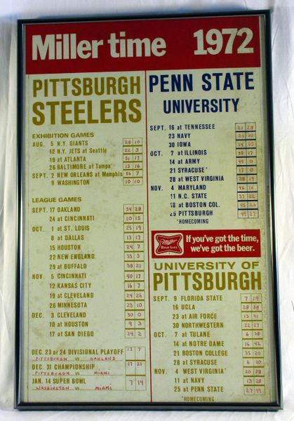 1972 Miller Beer - Steelers - Penn State - Pitt football schedule - framed