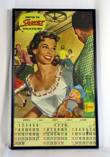 Framed 1957 Squirt advertising display & calendar