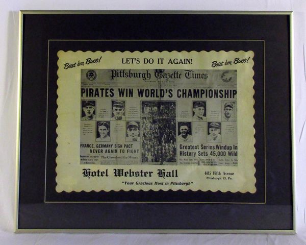 Framed, Commemorative - 1925 Pittsburgh Pirates place mat - from Webster Hall Hotel - circa 1960