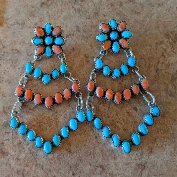 Genuine Silver earrings with turquoise and orange coral