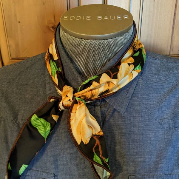 black with brown, green and gold flower print