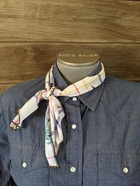 off white with pink, yellow, and blue plaid with steer skulls and succulents / cactus Roy Rogers scarf