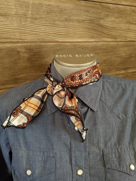 Roy Rogers or show scarf - rust, orange, navy, white plaid and paisley print