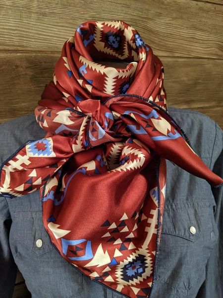 42x42 rusty brown with blues, navy, and cream southwestern print wild rag