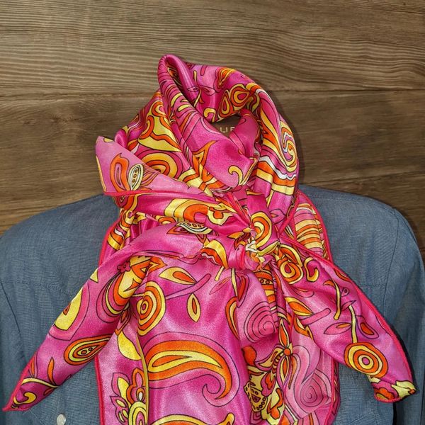 42x42 blend wild rag. hot pink/purple, white, rust, and gold paisley and floral print
