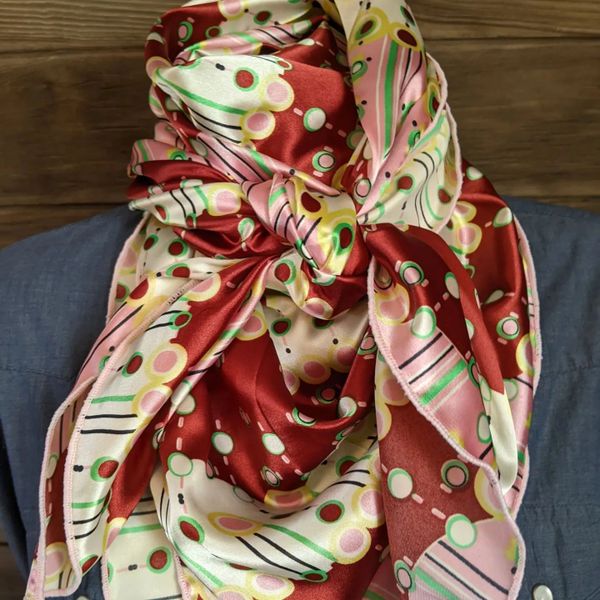 42x42 silk, wine, cream, green, yellow and pink lines and dots print wild rag