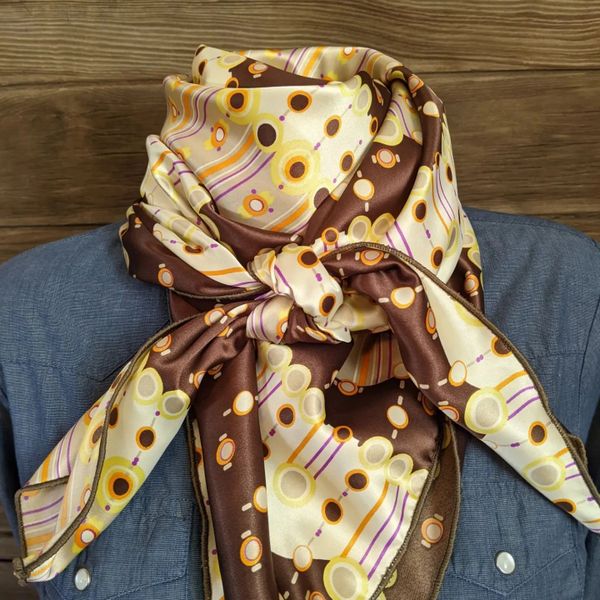 42x42 silk brown, cream, yellow, purple, and orange lines and dots print wild rag