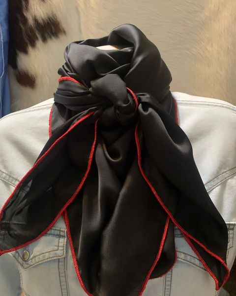 42x42 solid silk black wild rag with a red edge